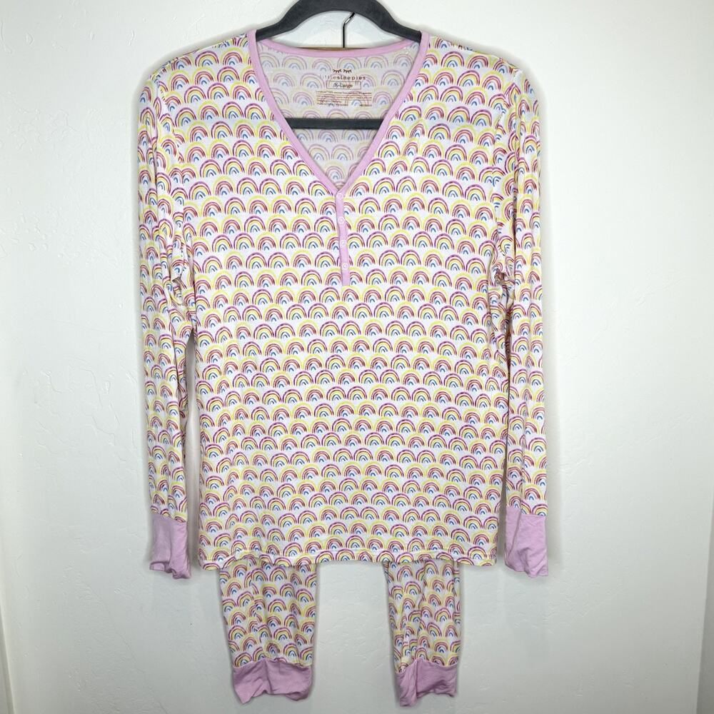 Little Sleepies Pastel Rainbows Womens XL Pajama Set Soft Bamboo Pink